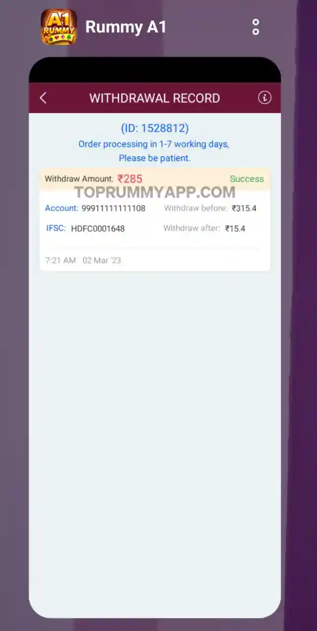 A1 Rummy App Payment Proof All Rummy App List ₹41 Bonus